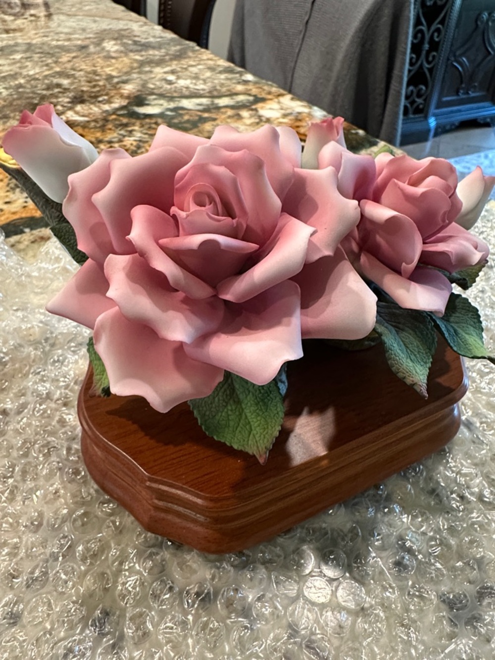 Pink Porcelain Rose Arrangement on Wooden Base - San Francisco musical